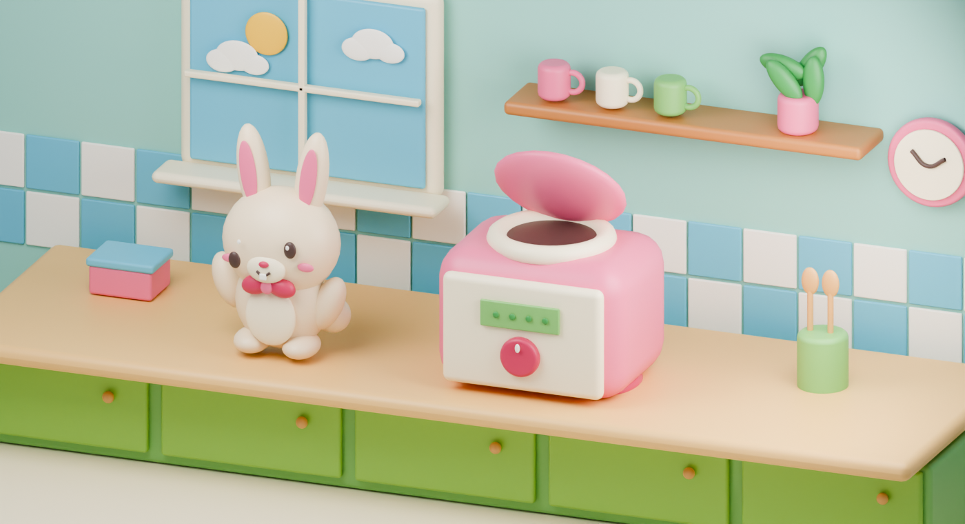 A little bunny and a pink cooking machine in a sunny miniature kitchen